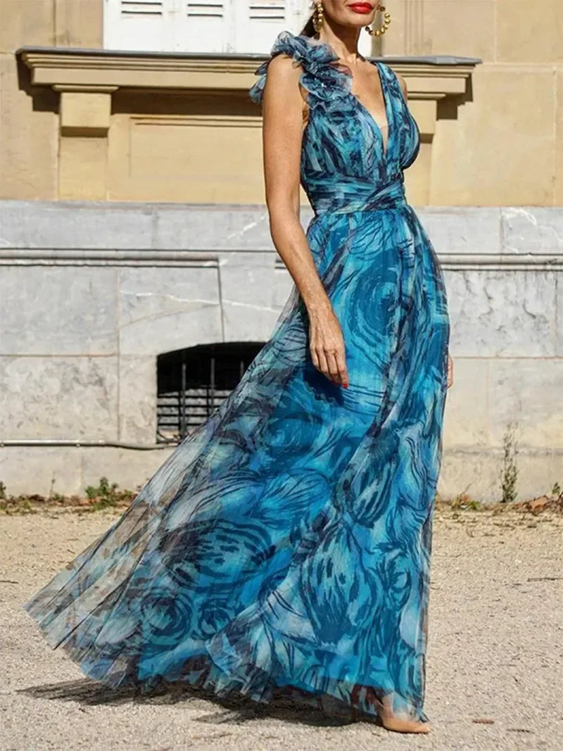 Lucía Premium Bohemian Long Peacock Blue Dress in Summer Style Evening Wear Edit