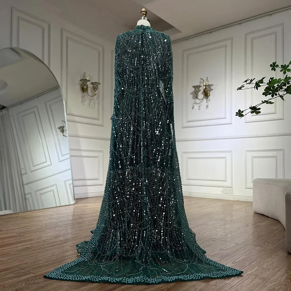 Zapdress Customized Green Long Sleeve A-Line Evening Dresses with Cape Muslim Wedding Party Gowns For Women LA72032B (ZD17241)