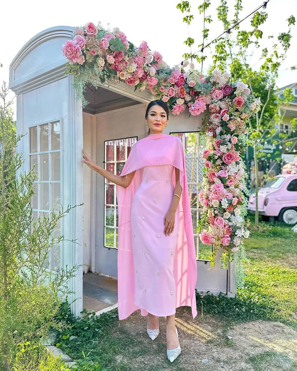 Pink Evening Dress With Cape Ankle Length Prom Dress Garden Formal Occasion Prom Gowns For Women Vestidos