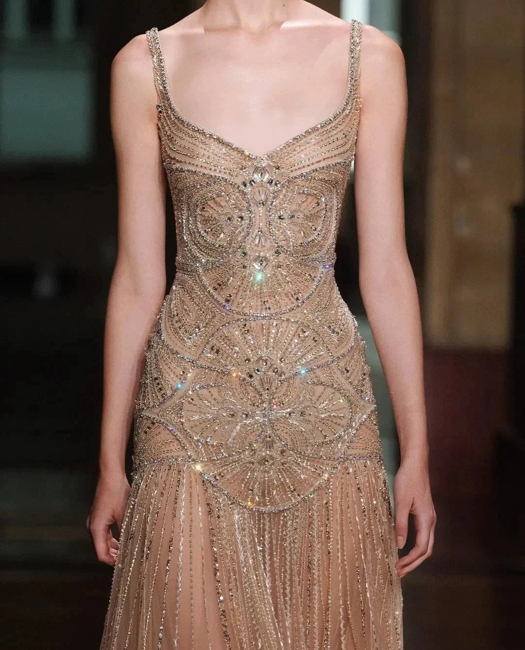 Champagne Beaded Mermaid Evening Dress Luxury Saudi Wedding Gown Customized (ZD17070)