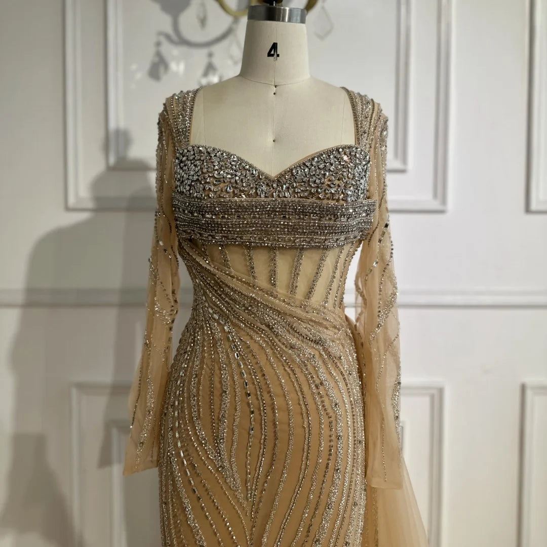 Zapdress Nude Long Sleeves Beaded Evening Dresses with Skirt 2025 Party Gowns for Formal Occasion DLA72812 Customized (ZD17214)