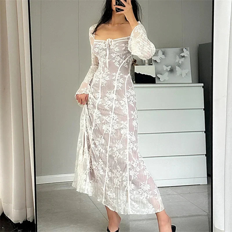 Lace Flared Sleeve A-Line Midi Dress - View 3 | VelvetHem