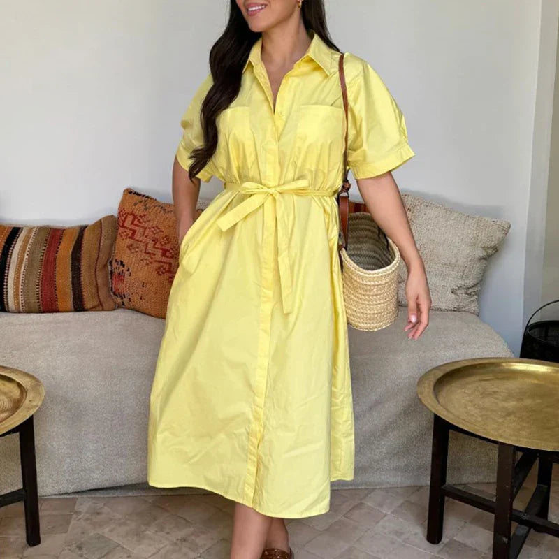 Lapel Tie Up Short Sleeve Single Breasted Long Work Dress - View 6 | VelvetHem