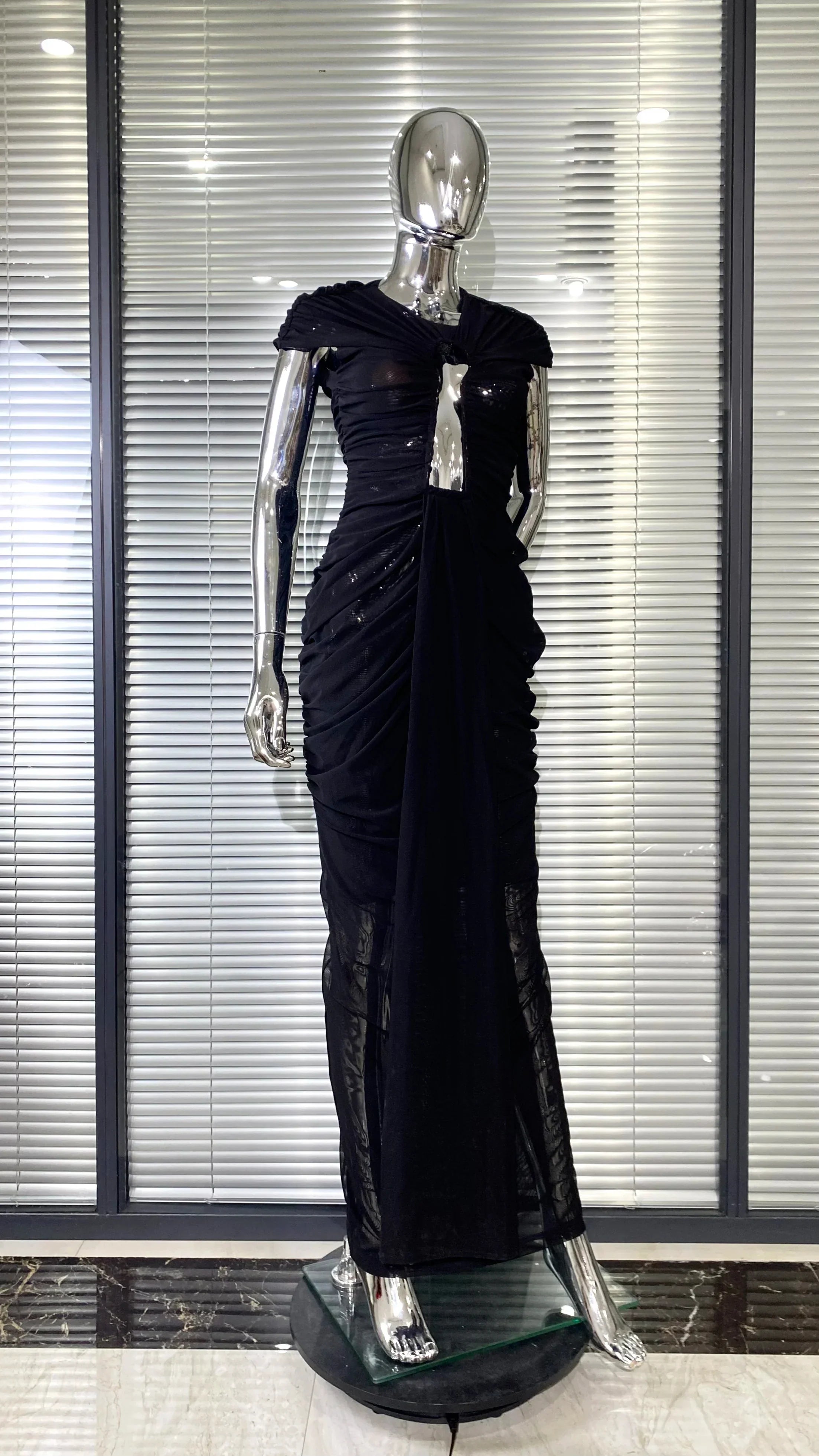 Sexy Hollow Out SeeThrough Mesh Ankle Leng Evening Dress Fashion Woman Birthday Party Vestido Celebrity Evening Party Outfit