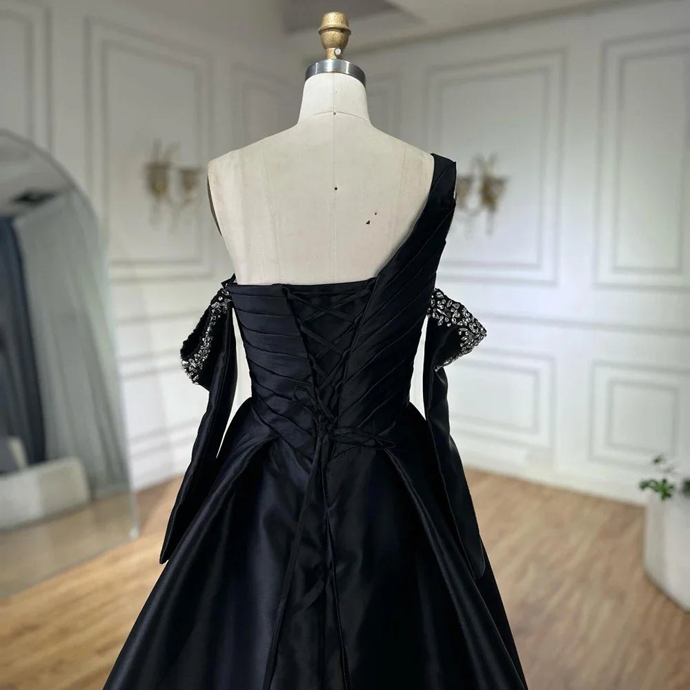 Zapdress 2025 Elegant Black One-Shoulder A Line Beaded Evening Dresses Gowns with Sleeveless For Party DLA72741 Customized (ZD17183)