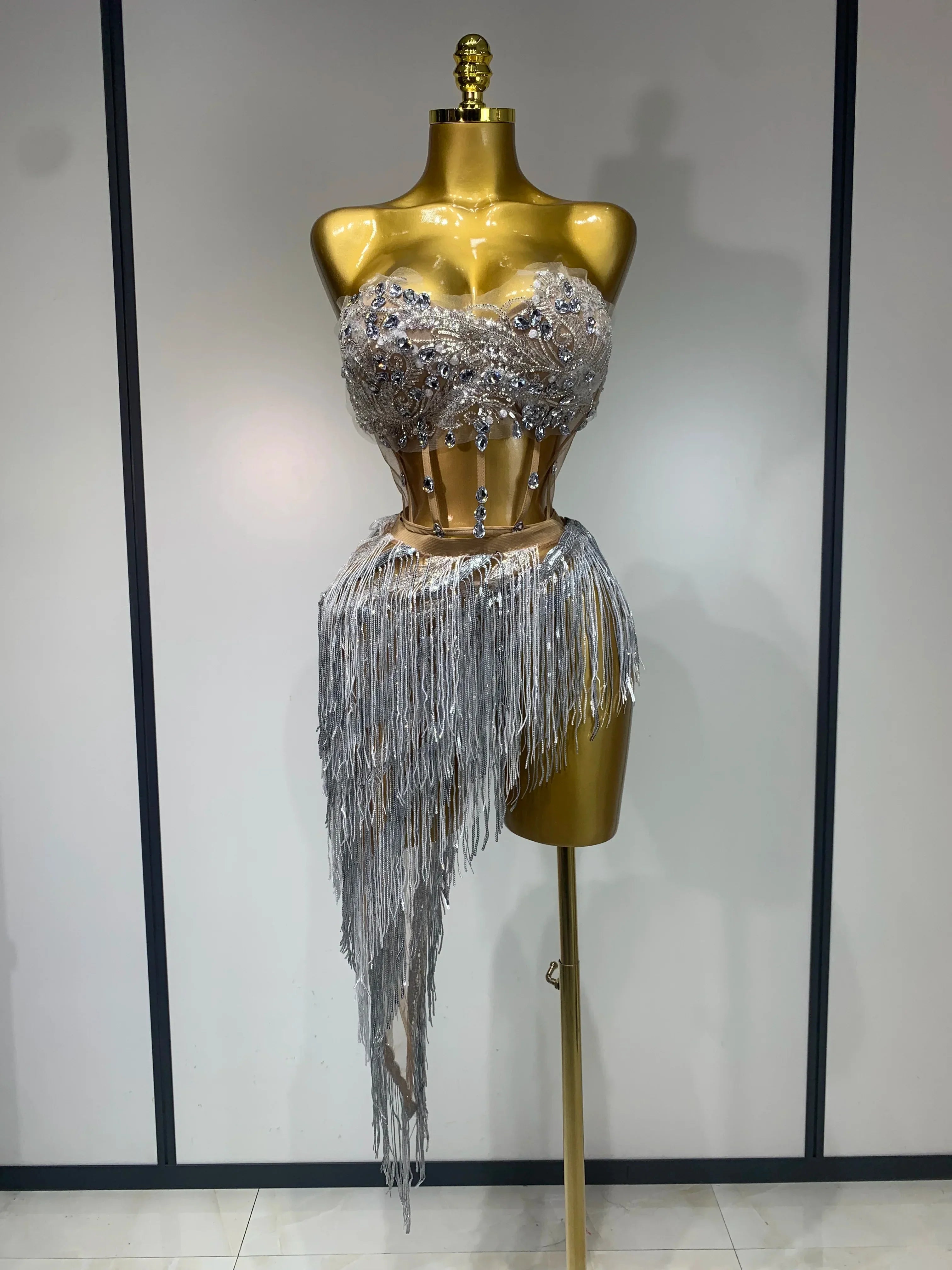 Women Sexy Singer Dancer Performan Costume Nightclub Bar Girl Sparkly Diamond Tassel Two Piece Set Evening Party Birthday Outfit Silver