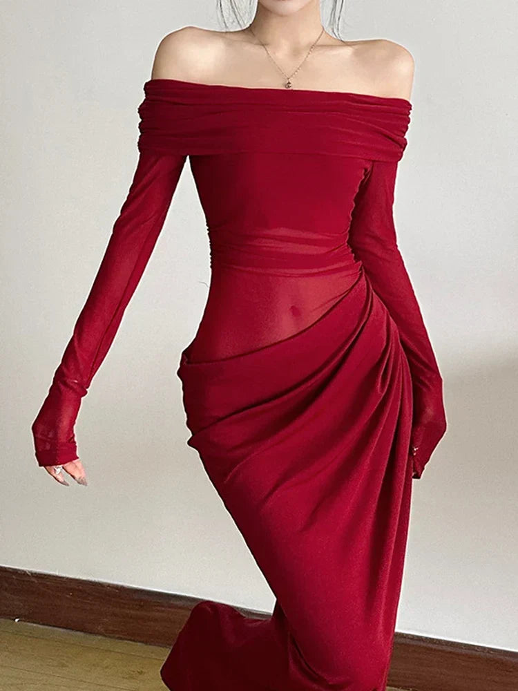 Mesh Slash Neck Patchwork Maxi Dress - View 3 | VelvetHem