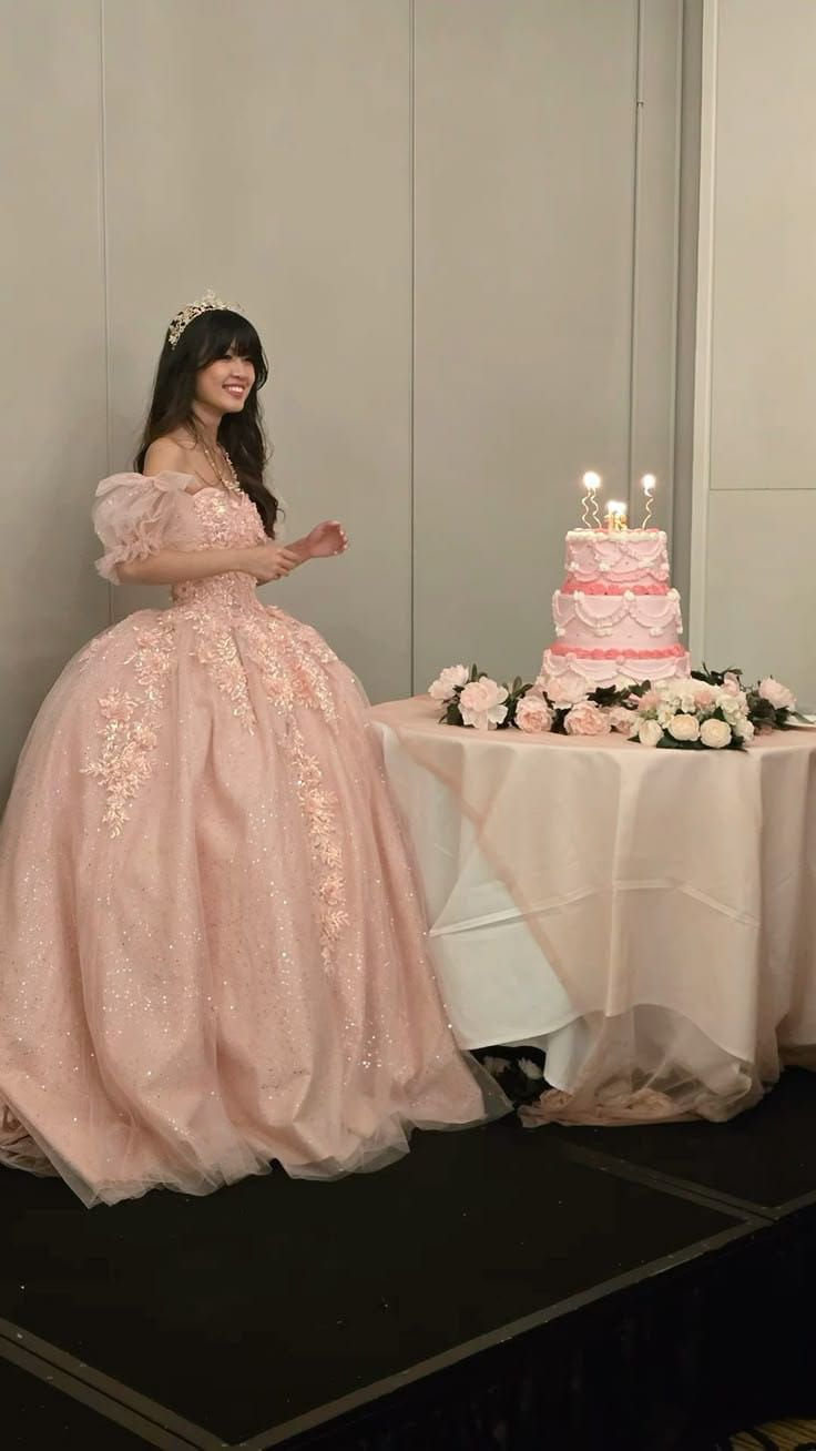 Sweet Pink Tulle Sequin Appliques Ball Gown Quinceanera Dress - FashionDia