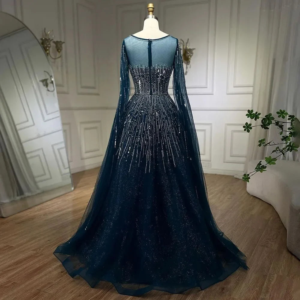 Zapdress Blue Cape Sleeves A-Line Beaded Evening Dresses Customized Party Gowns for Women DLA72248A (ZD17176)