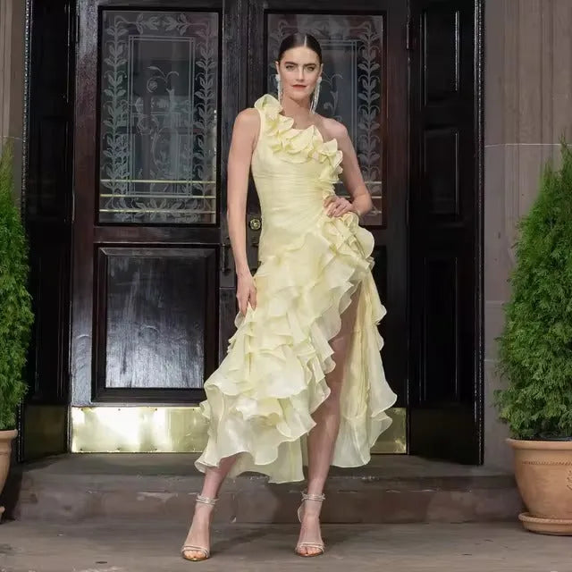 Princess Yellow Chiffon Prom Dress A-Line One Shoulder Ruffles Formal Evening Dress Slit Ankle Length Party Gowns