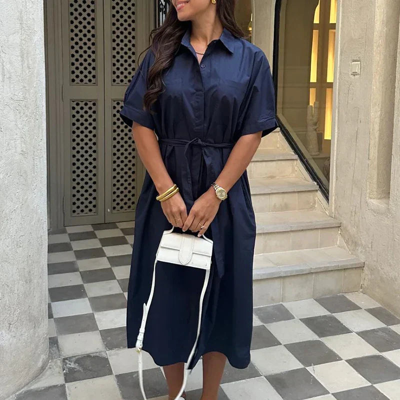 Lapel Tie Up Short Sleeve Single Breasted Long Work Dress - View 4 | VelvetHem