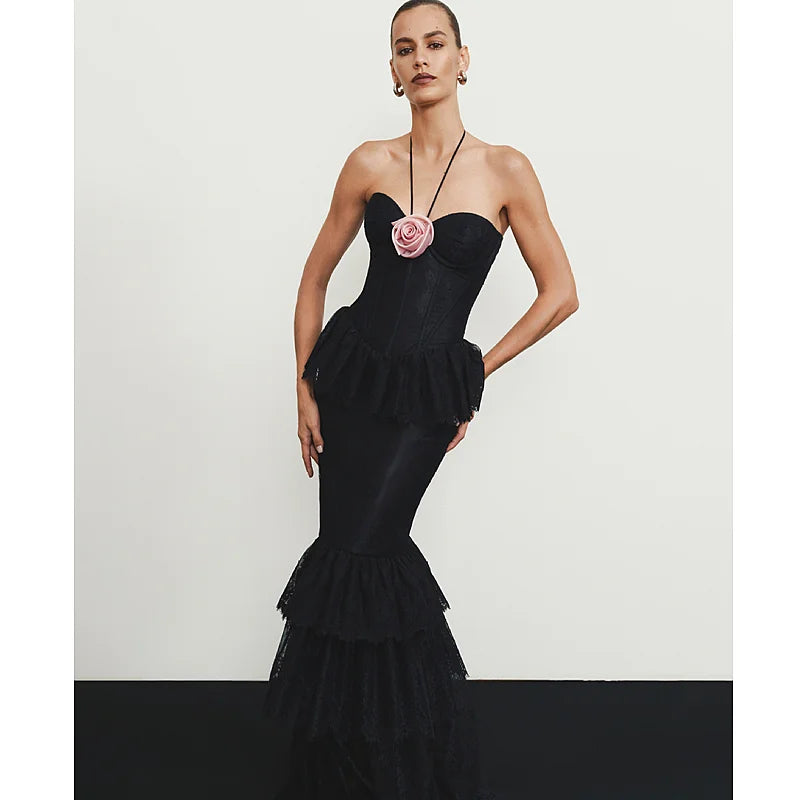 Pink Flowers Halter Sleeveless Black Lace Ankle Length Dress Celebrity Birthday Party Evening Dress Woman Voaction Outfit black