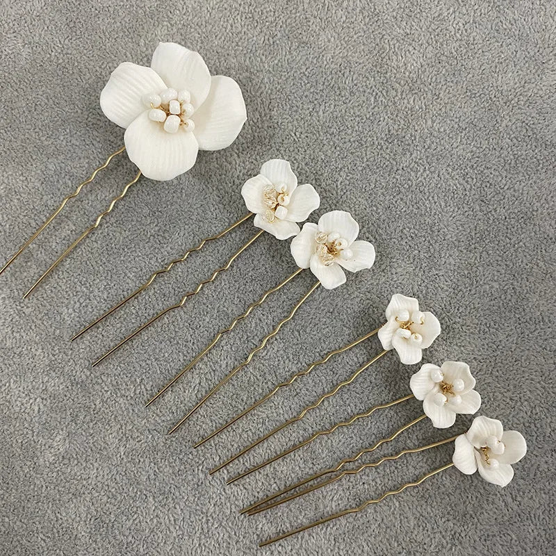 Porcelain Flower Hairpins White Floral Hair Pins Clips For Brides Bridesmaids Head Pieces Wedding Accessories Bridal Jewelry - View 4 | FashionDia