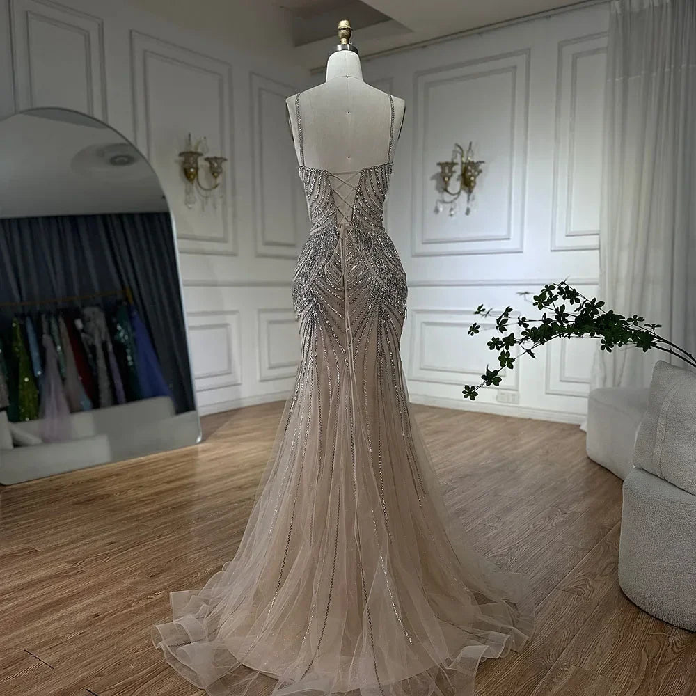 Zapdress 2025 Elegant Silver Nude Spaghetti Strap Mermaid Evening Dress with Beaded Tassels for Party DLA72772 Customized (ZD17325)
