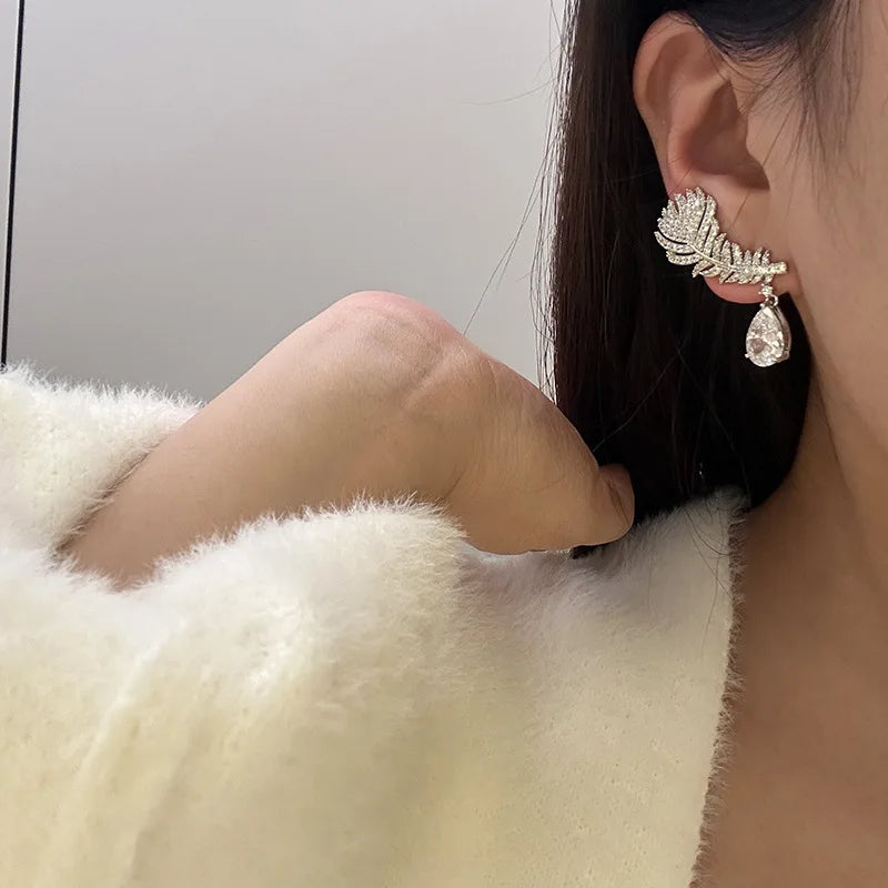 AAA Zircon Bridal Earrings Feather Cubic Zirconia Wedding Earring For Bride Bridesmaids Accessories Women Birthday Gifts Jewelry - View 3 | FashionDia