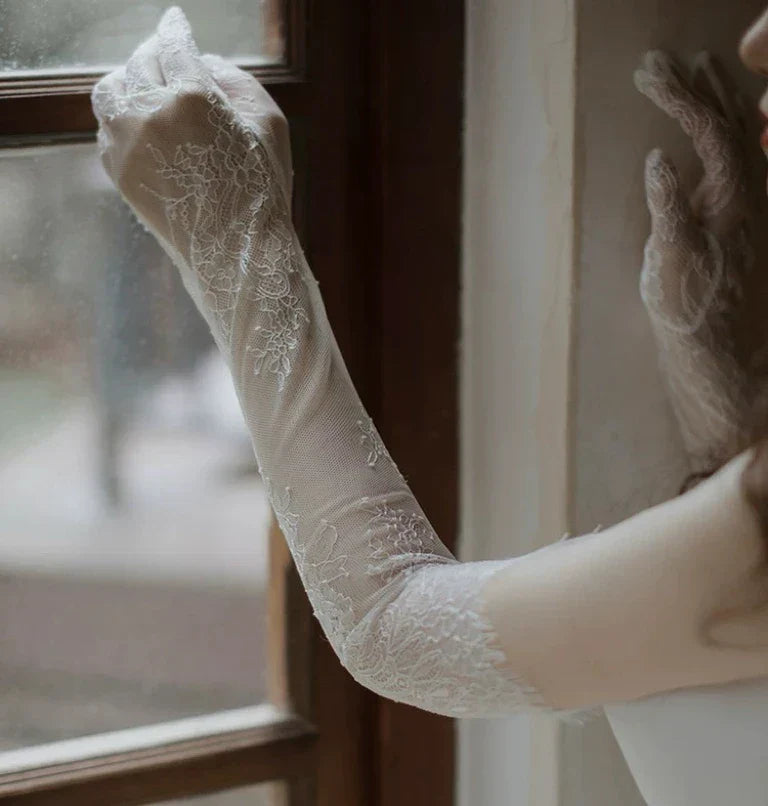 Lace Long Bridal Gloves Flower Wristband Pearl Wedding Glove For Women Girl Party Evening Dress Jewelry Brides Accessories