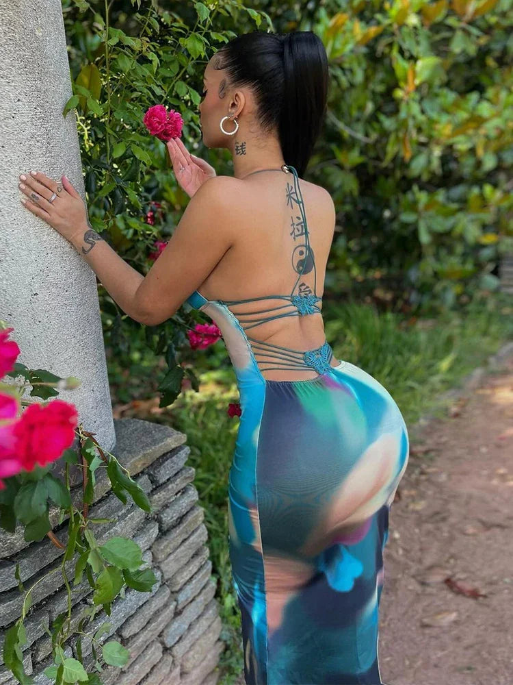 Tie Dye Backless Cross Midi Dress - View 7 | VelvetHem