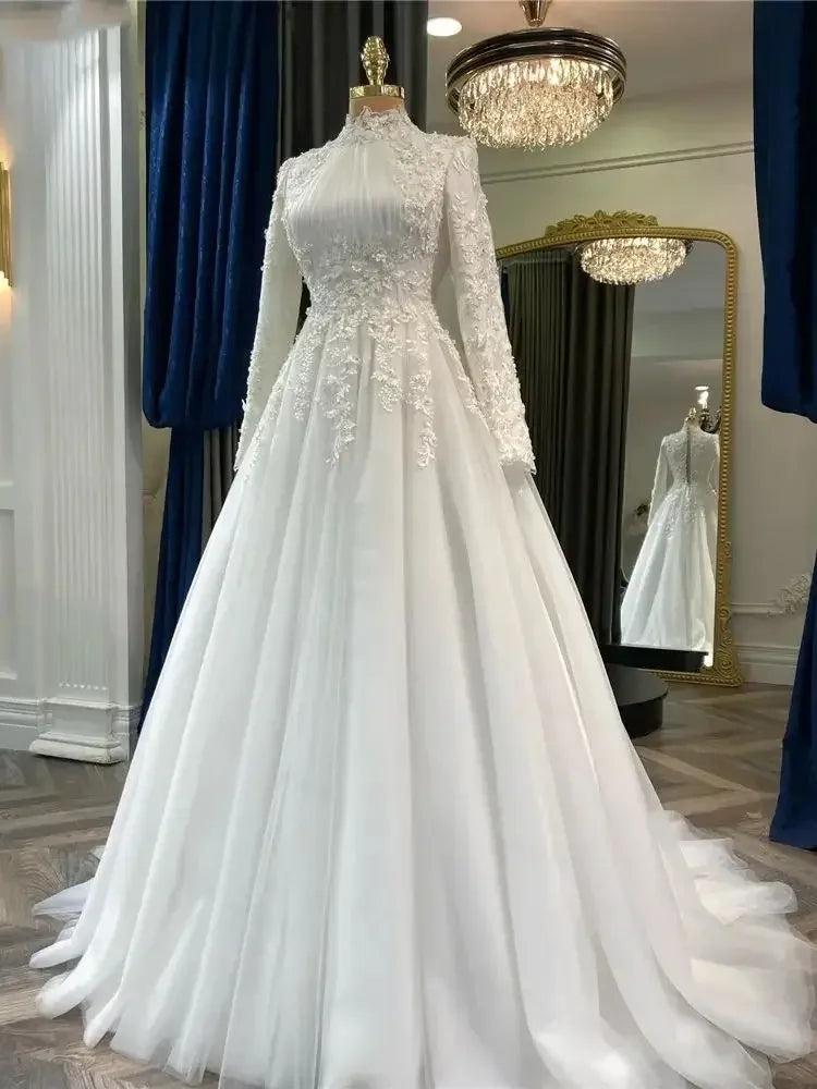 customized Muslim Wedding Dresses For Woman Appliques Flowers Arabic Dubai Long Sleeves Bridal Dress Tulle Robe De Mariage WHITE