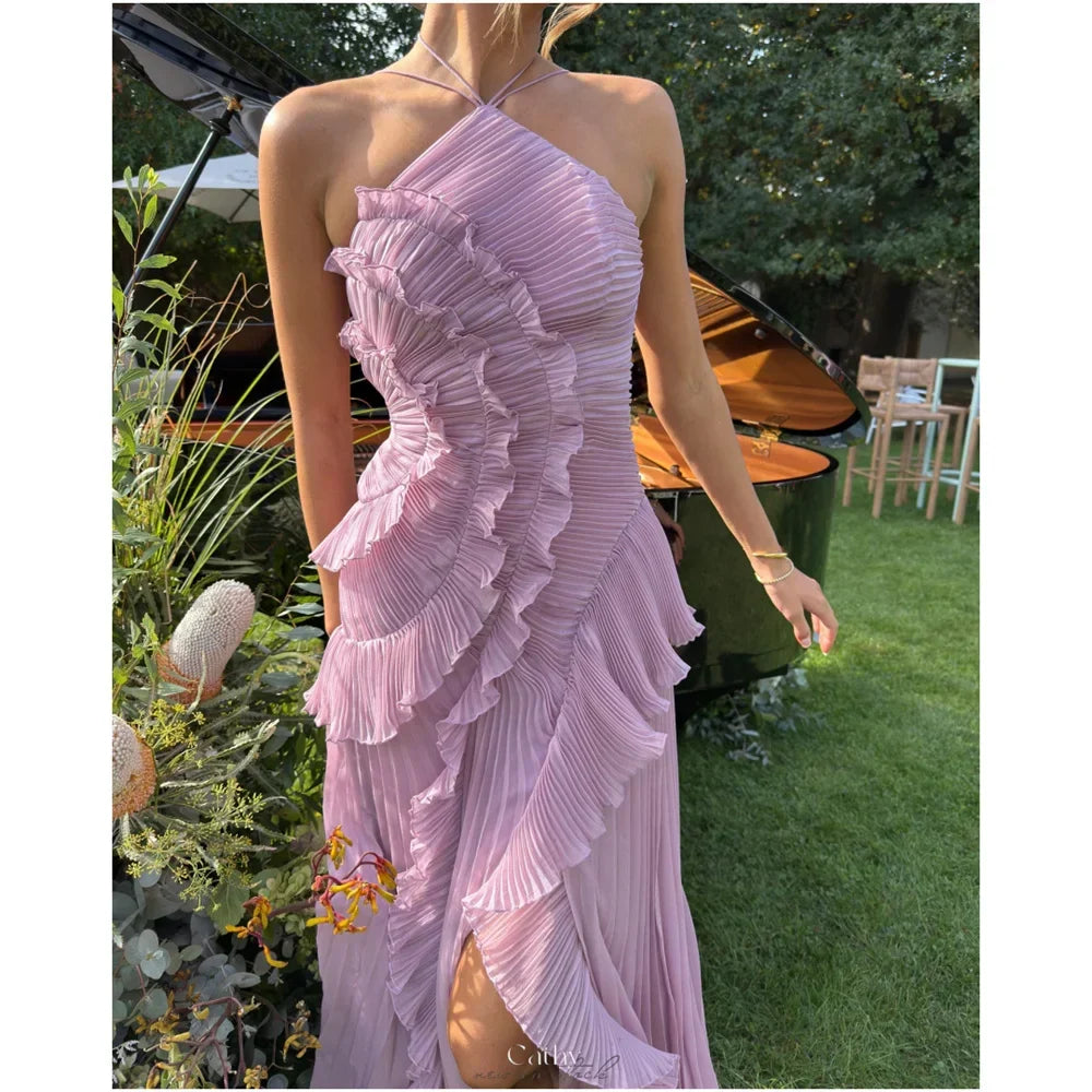 Purple Halter Pleated Prom Dress - VelvetHem