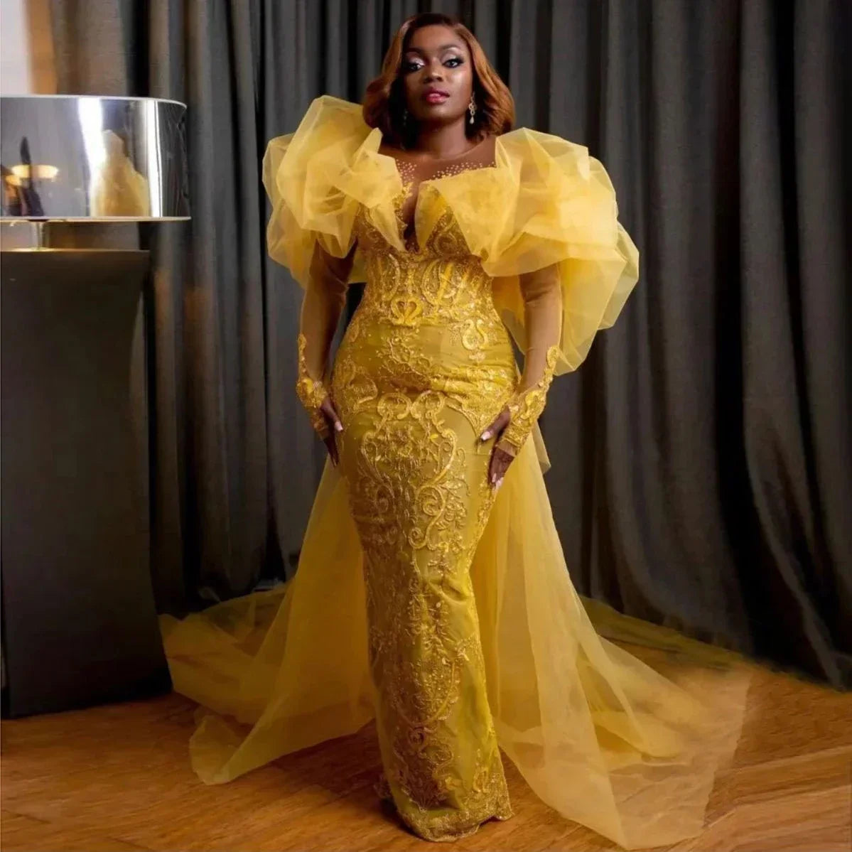 Yellow Lace Evening Dresses Aso Ebi Long Sleeves Mermaid African Plus Size Women Night Party Gowns Yellow