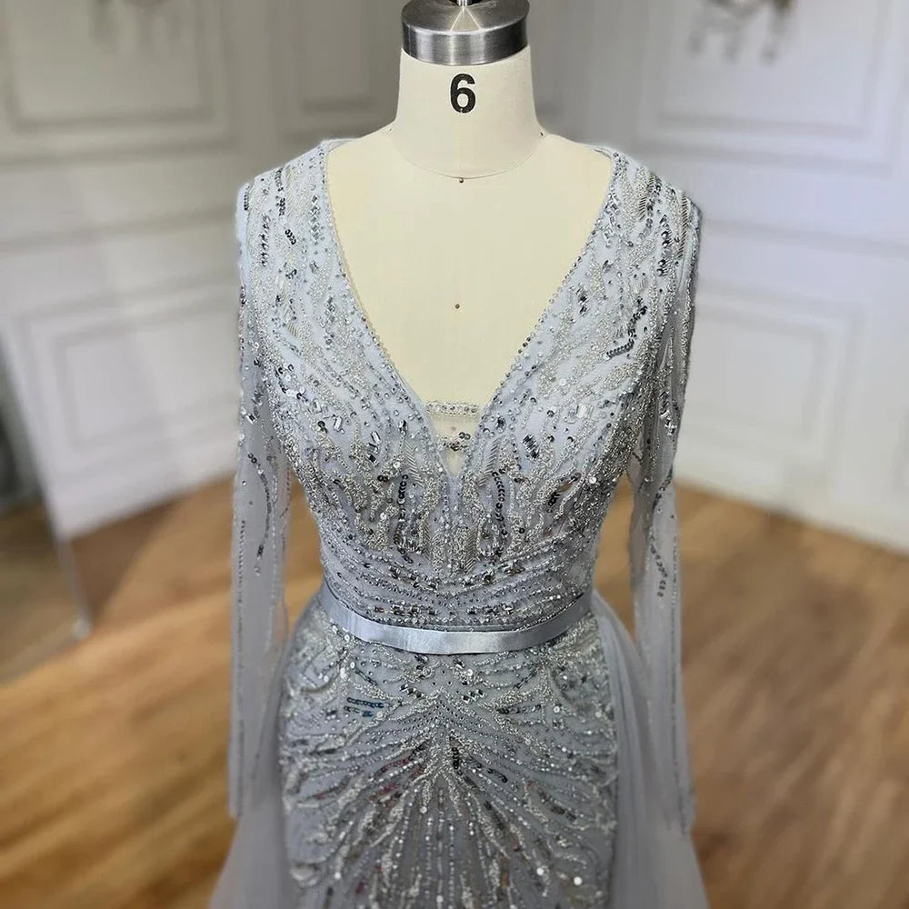 Zapdress Customized Turquoise Long Sleeves Mermaid Beaded Evening Dresses Overskirt Party Gowns For Women DLA72239A (ZD17191)