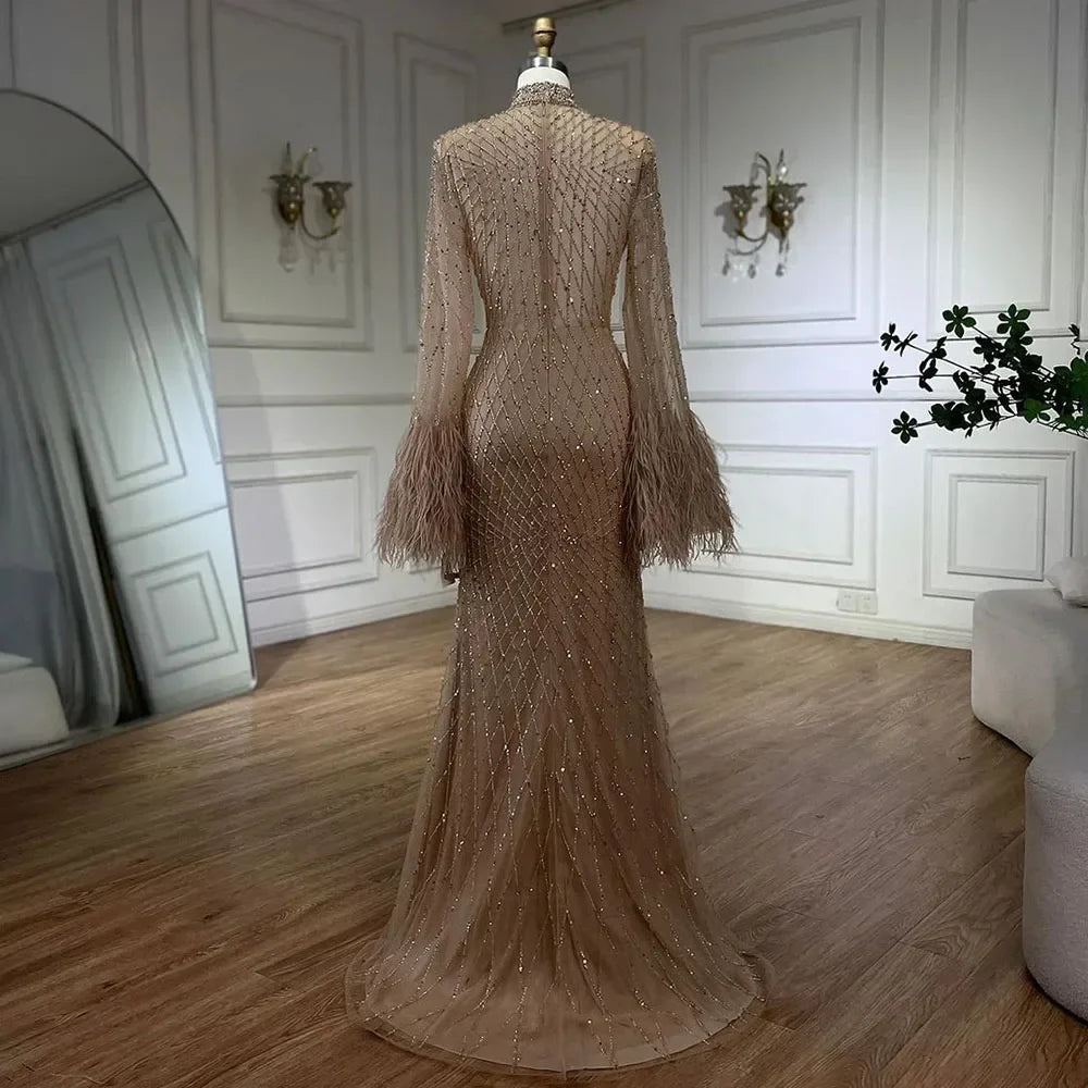 Zapdress Nude High Neck Long Sleeves Feathers Mermaid Beaded Evening Dress Party Gowns for Women DLA72394 Customized (ZD17242)
