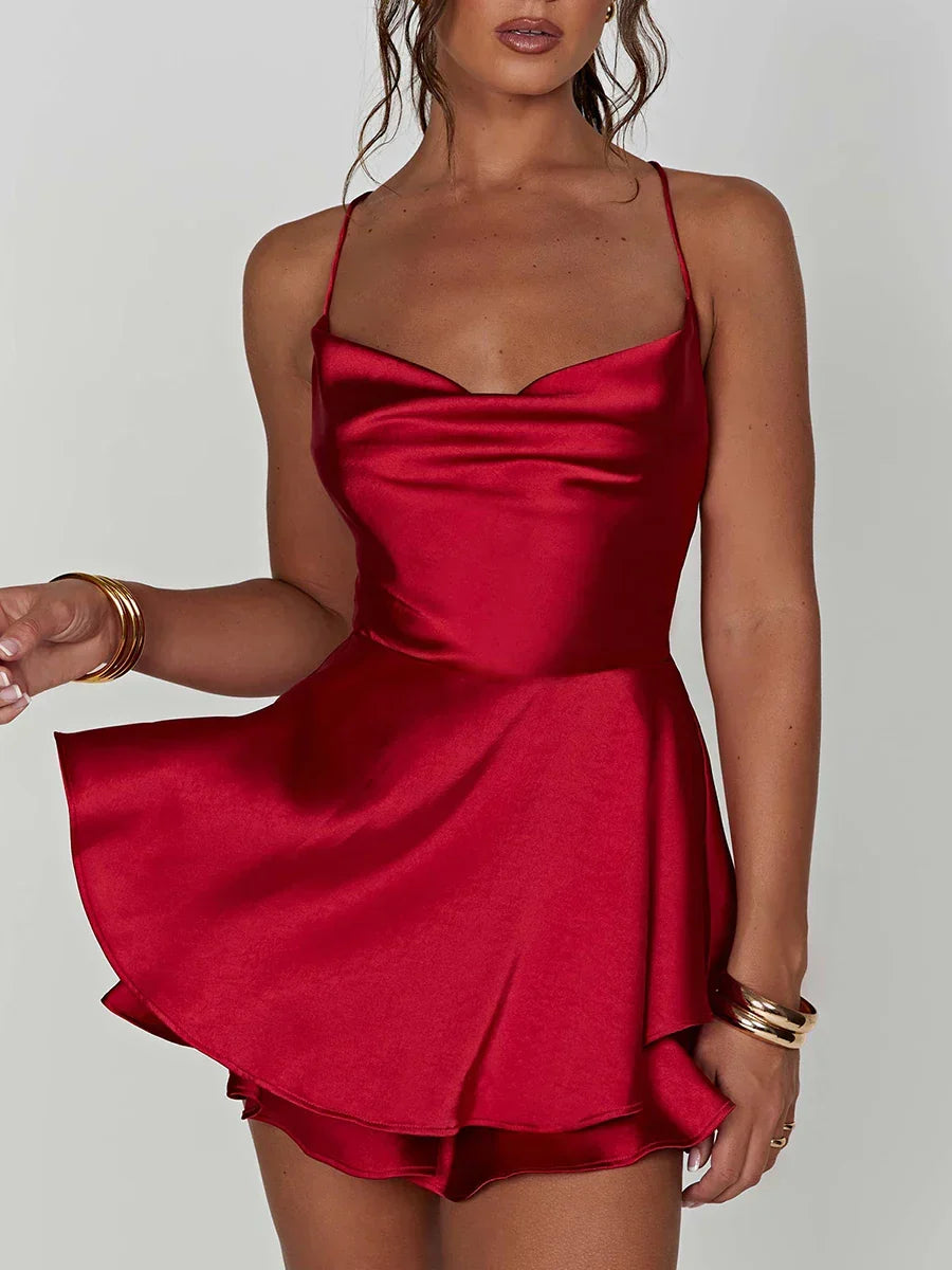 Satin Cowl Neck Tie Back Romper Mini Dress - View 6 | VelvetHem
