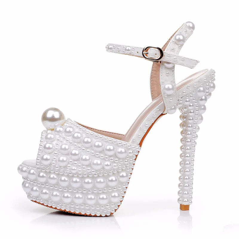 Luxury Full Pearls Beaded Peep toe Women Gladiator Sandals Fashion Summer Platform Wedges 14cm High heels Wedding Party Shoes - View 7 | FashionDia