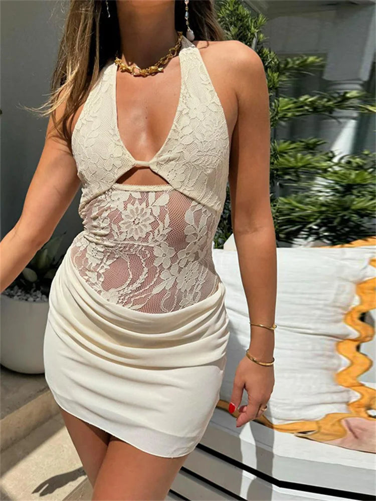 Sheer Lace Patchwork Bandage Mini Dress - View 7 | VelvetHem