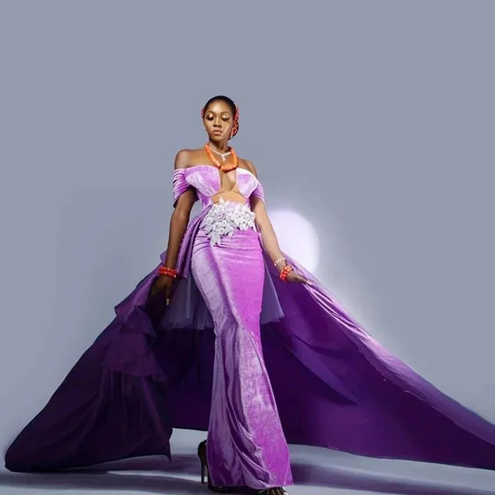 Purple Velvet Evening Dresses With Detachable Train African Appliques Off Shoulder Formal Party Gown فساتين للحفلات الراقصة as picture