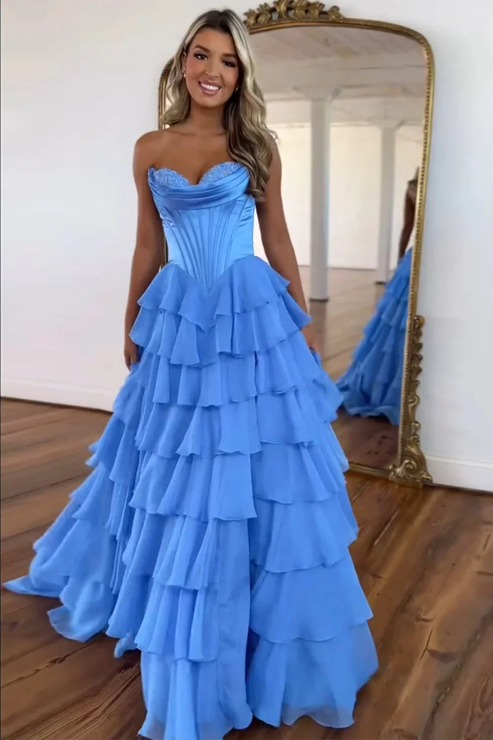 Cathy Strapless Tiered Ruffles A-line Prom Dress A-line Side Split vestidos de noiva Customized Zip Back Chiffon Evening Gown - View 3 | VelvetHem