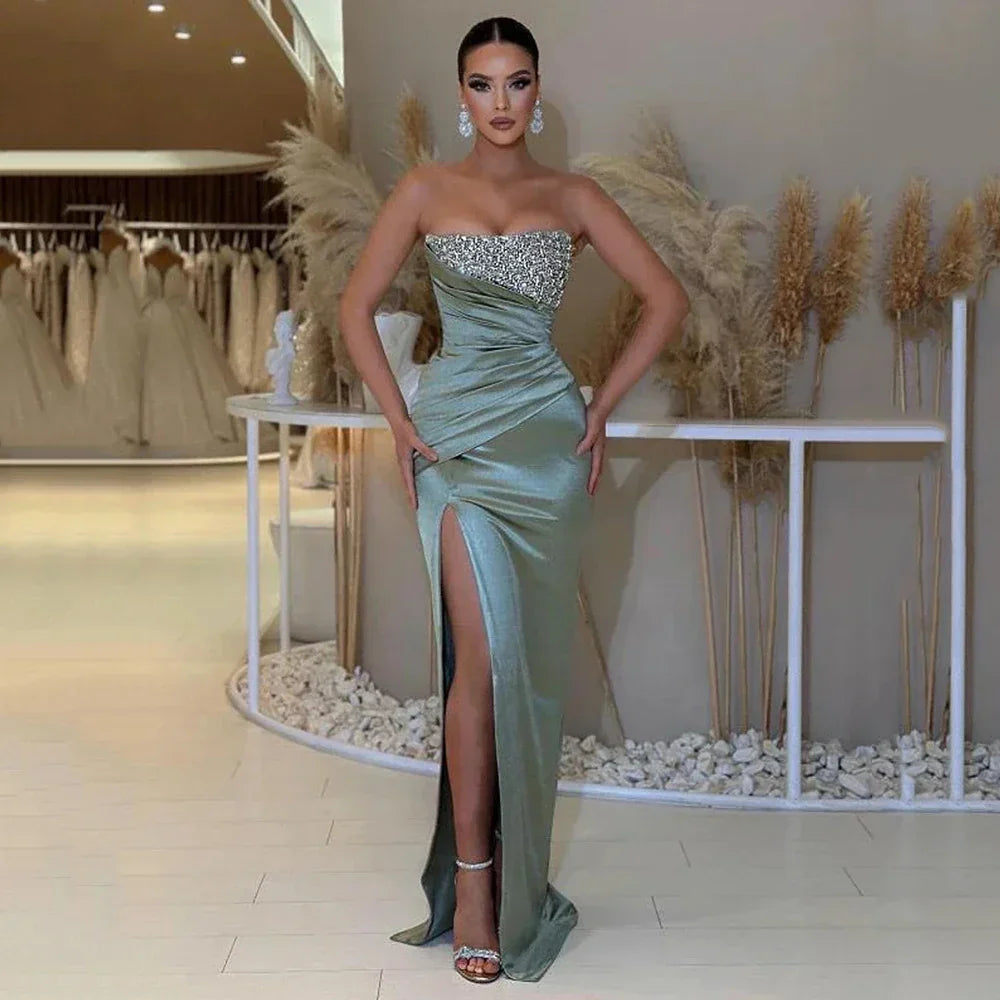Ruched Satin Beading Prom Dress - VelvetHem