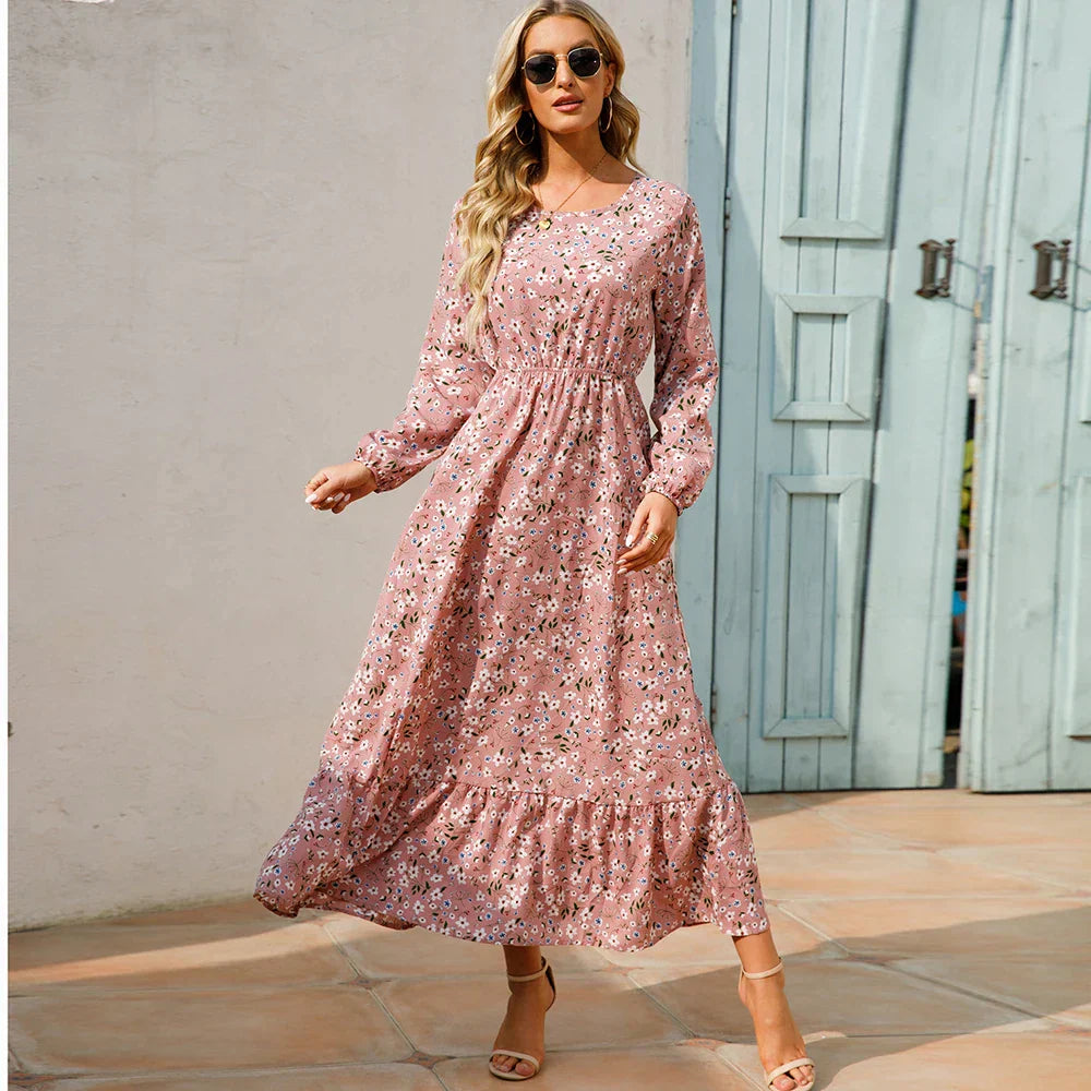 Natasha Effortless Women's Bohemian Floral Chiffon Maxi Dress with Long Sleeves Elevated Occasion Wear