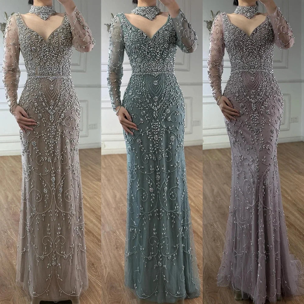 Zapdress Customized Turquoise Evening Dresses with Neck Lace 2026 Long Sleeves Mermaid Beaded Elegant Party Gowns DLA73042B (ZD17172)