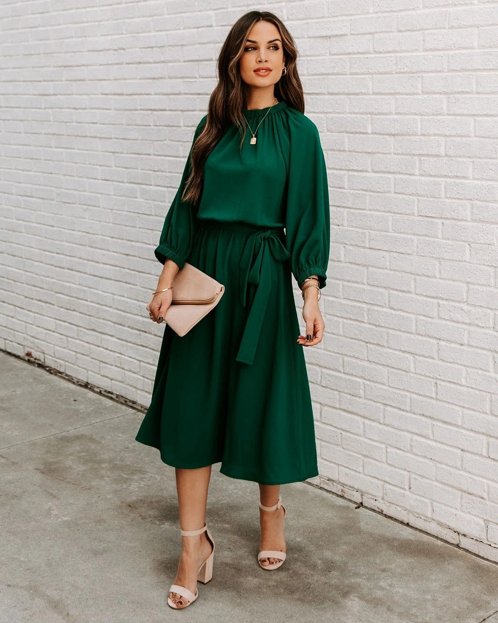 Elegant Office Dress Formal Loose Green Long Sleeve Belt ALine Midi Dresses