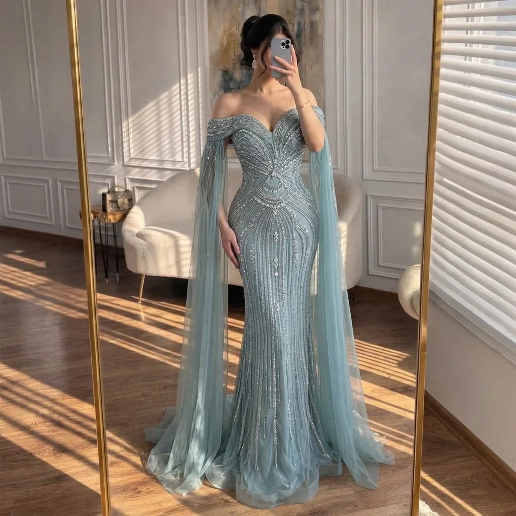 Zapdress Dusty Blue Off-Shoulder Evening Dress Heavy Beaded Mermaid Party Gown with Elegant Cape Sleeves Customized (ZD17286)