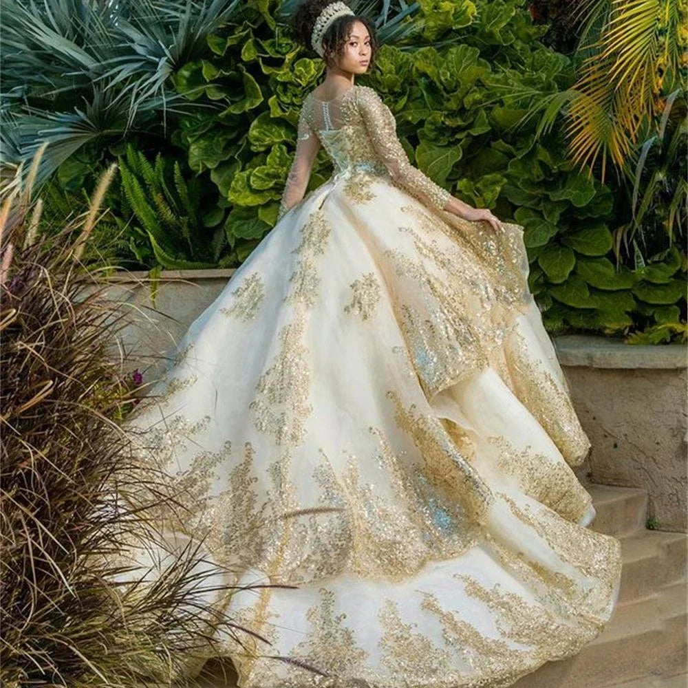 Customized Gold Appliques Quinceanera Dresses Vestidos De 15 Anos Ball Gown Formal Birthday Party Prom Gown Corset