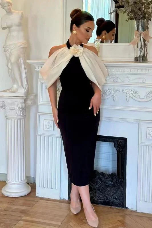 Black Color Women Sexy Off the Shoulder Florals Bodycon Mid-Calf Dress Birthday Party Celebrate Homecoming Dress Wholesale