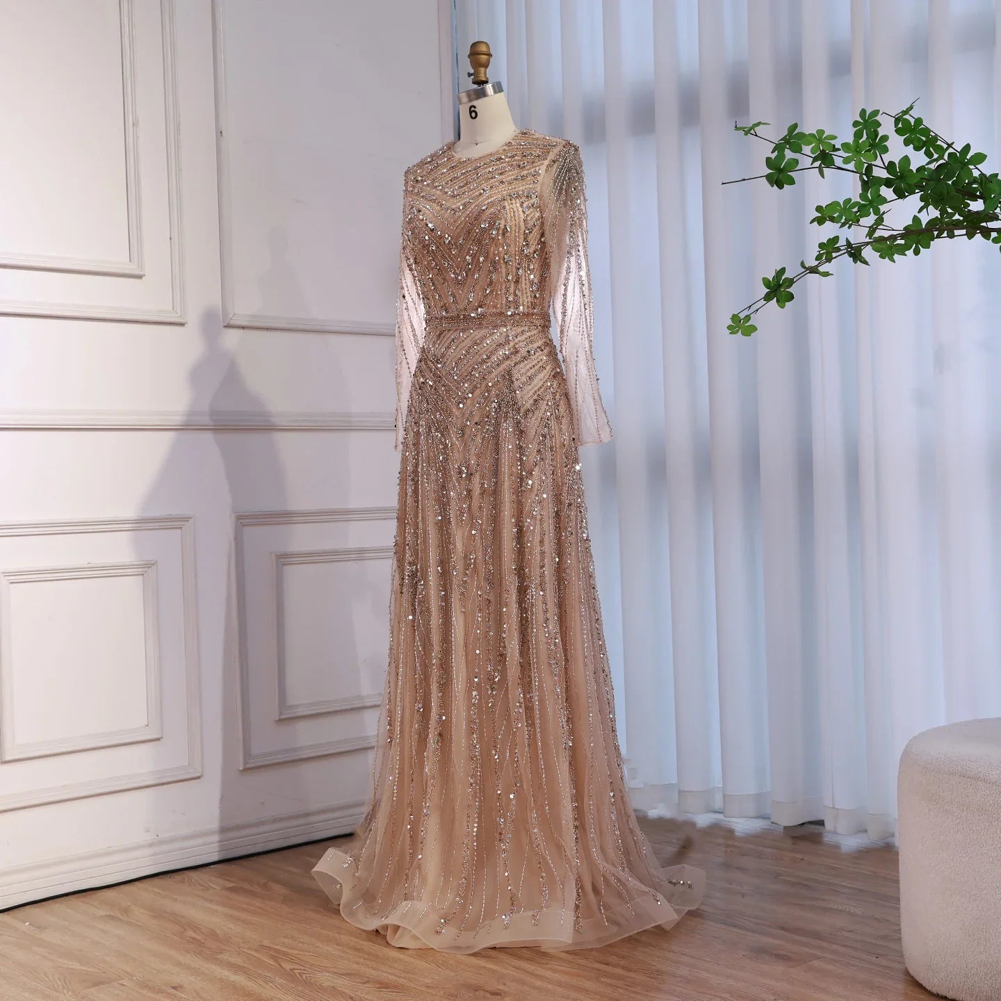 Zapdress Nude Crew Neck A-line Long Sleeves Evening Dress Beaded Wedding Party Gowns for Women 2026 Customized (ZD17382)