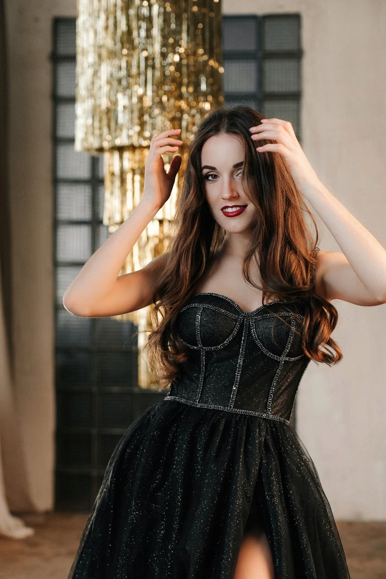 Black tulle sweetheart neck long prom dress, black tulle formal dress - View 4 | FashionDia