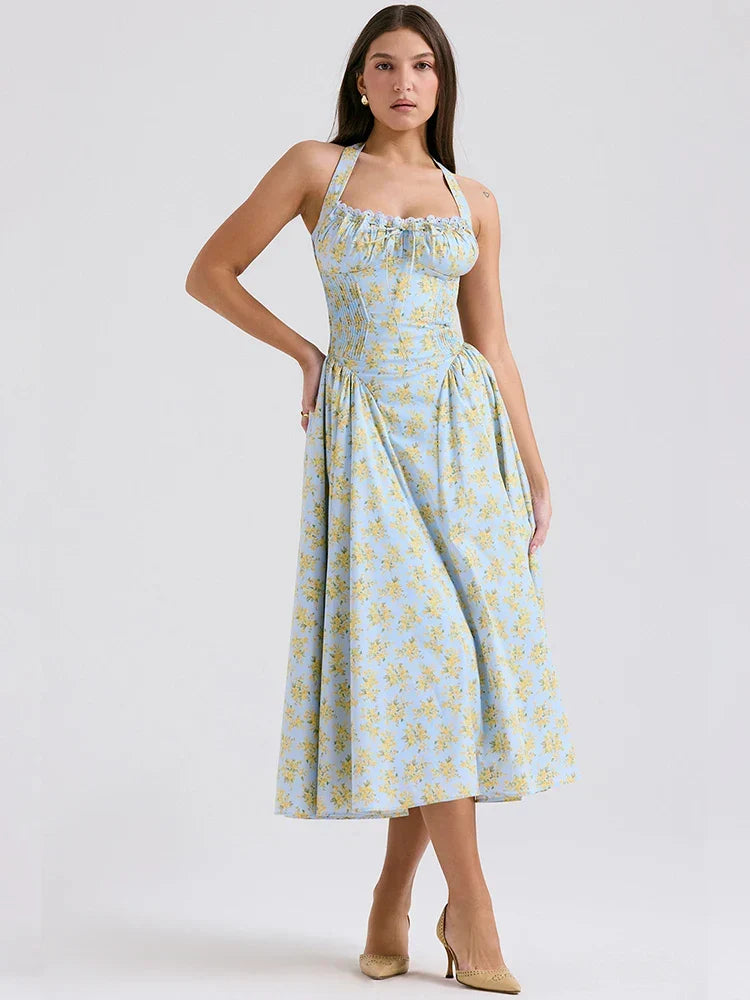 Print Wrap A-line Halter Midi Summer Dress - View 4 | VelvetHem