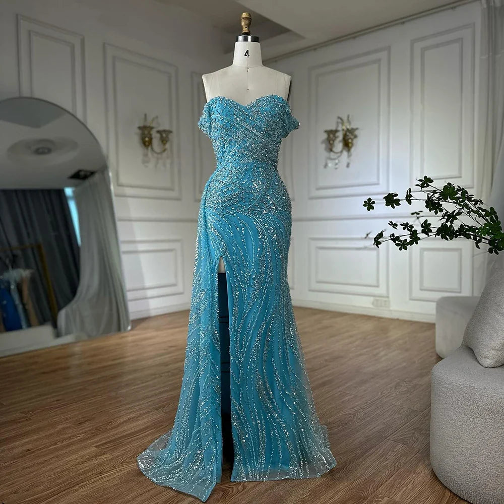 Zapdress Light Blue Off Shoulder Mermaid High Split Beaded Evening Dresses Party Gowns For Women 2025 DLA72262 Customized (ZD17269)