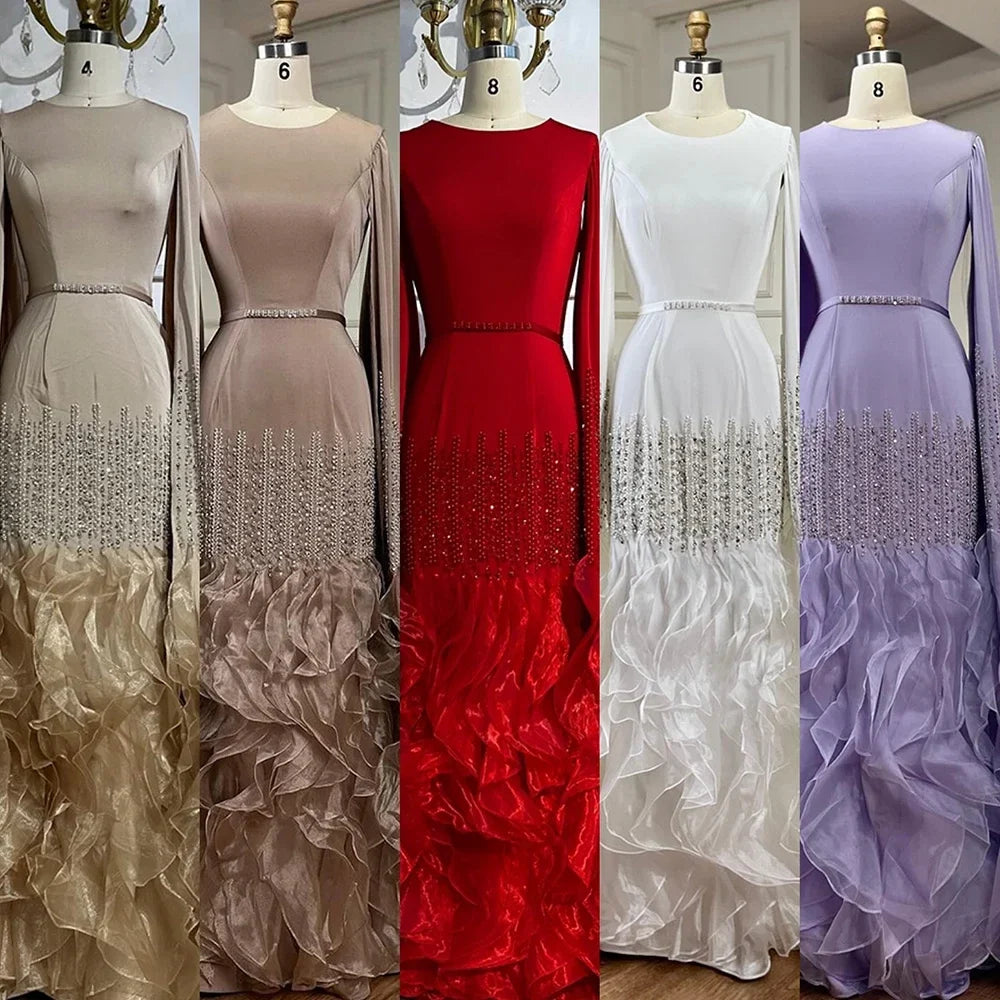 Zapdress 2025 Champagne Mermaid Luxury Cape Sleeves Beaded Satin Saudi Evening Dresses Gowns for Party DLA72317A Customized (ZD17235)