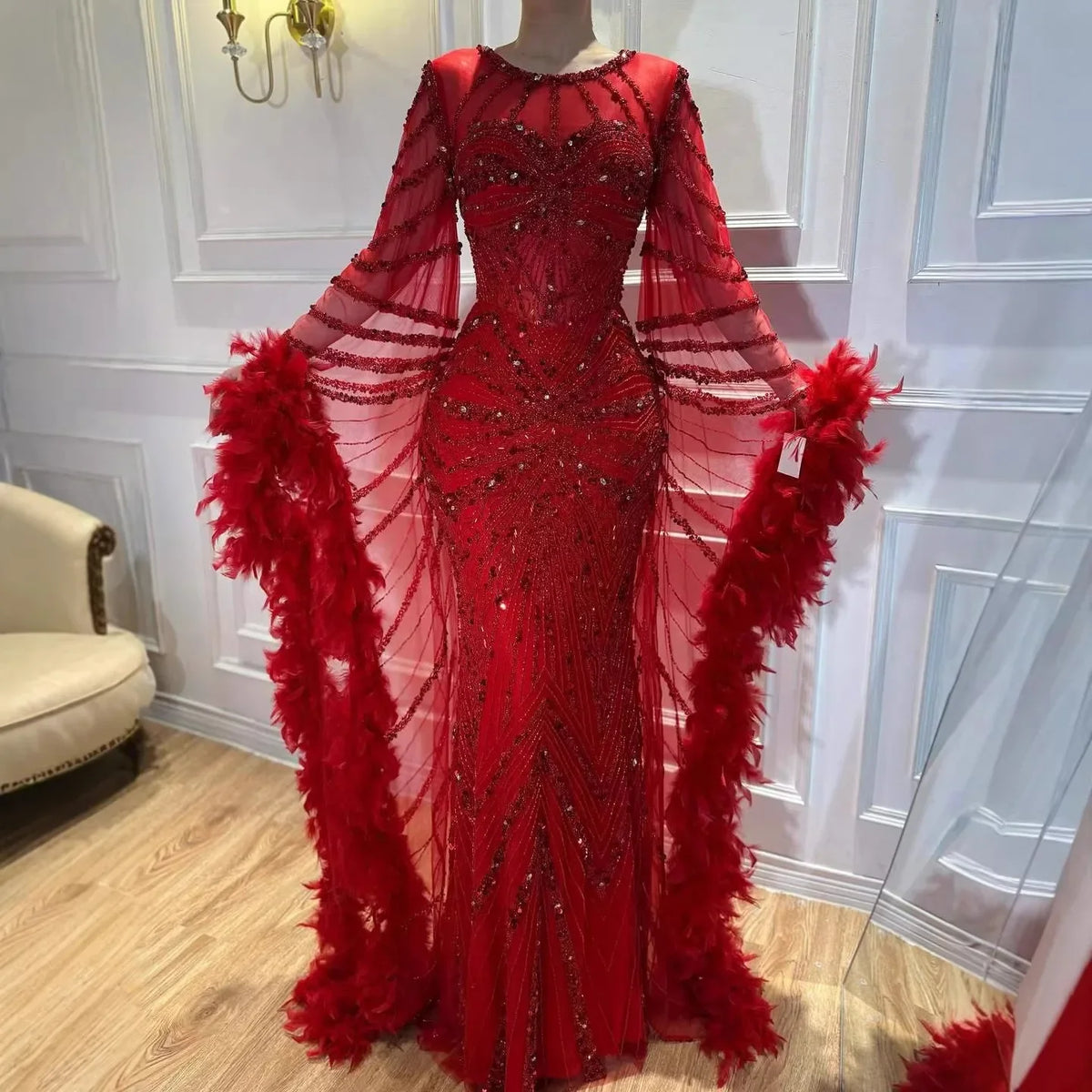 Zapdress Pink Luxury Beaded Mermaid Evening Dress Gowns with Feathers for Formal Occasion Customized DLA72708A (ZD17284)