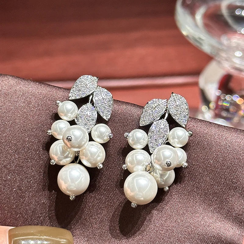 Leaf Pearl Zircon Bridal Earrings Silver Color Zirconia Wedding Earring For Brides Bridesmaids Accessories Women Gift Jewelry - FashionDia