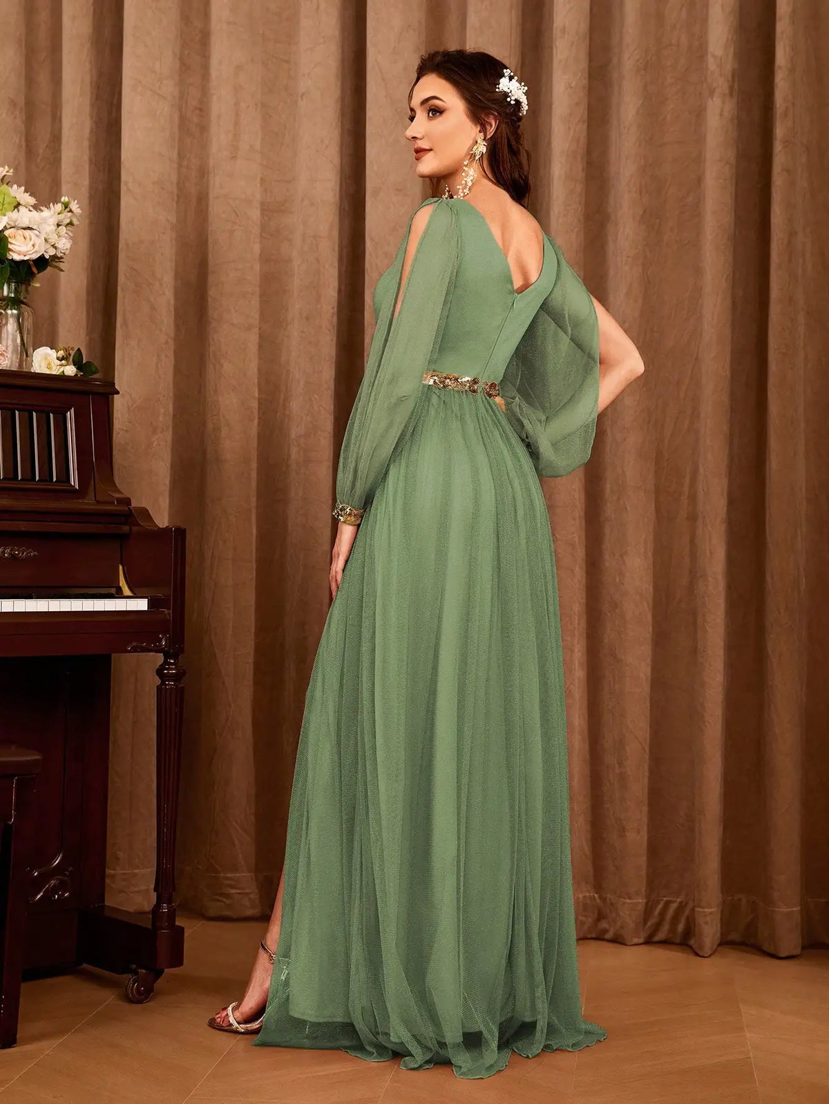 Gauze Applique Slit V-neck Maxi Dress - View 2 | VelvetHem