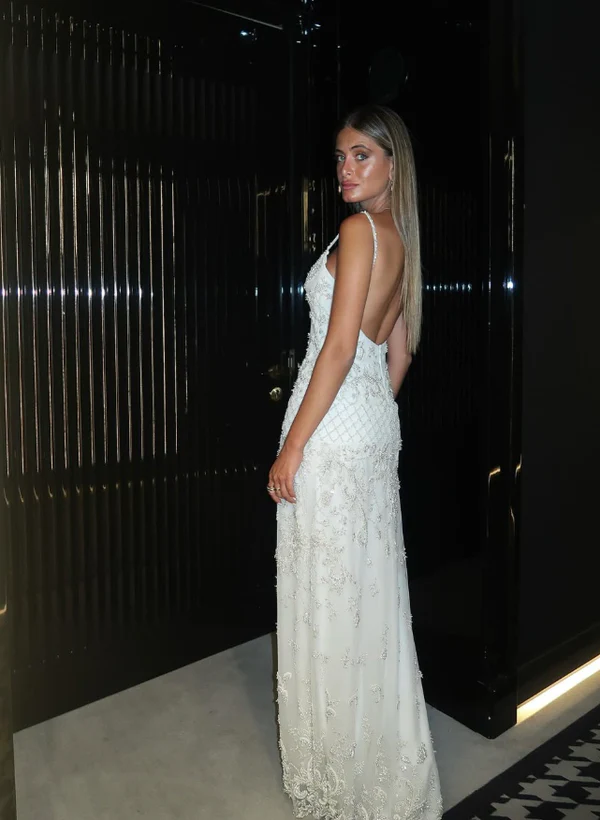 Elegant Spaghetti Straps Satin Tulle Beaded Long Party Dress Evening Dress - View 6 | FashionDia