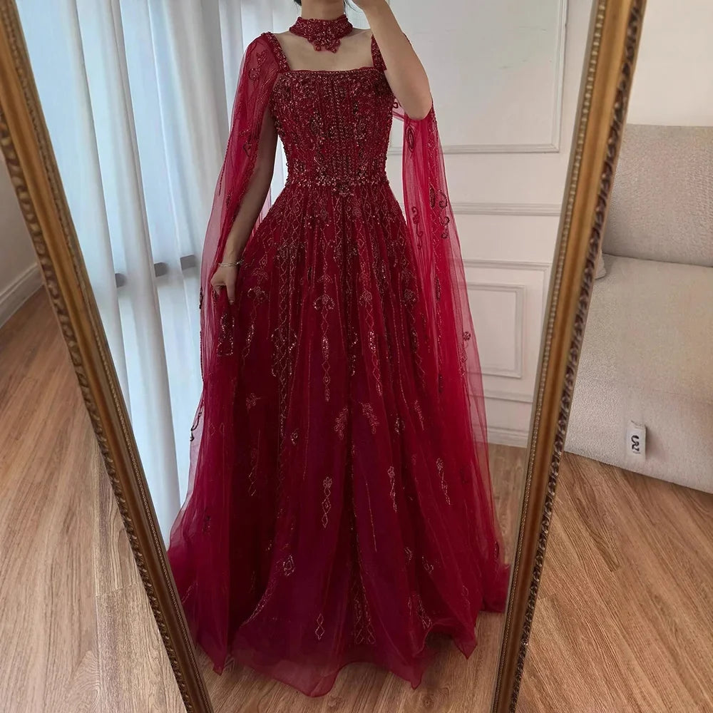Zapdress Customized 2025 Wine Red A Line Cape Sleeves Luxury Beaded Evening Dresses Formal Party Gowns for Women (ZD17218)