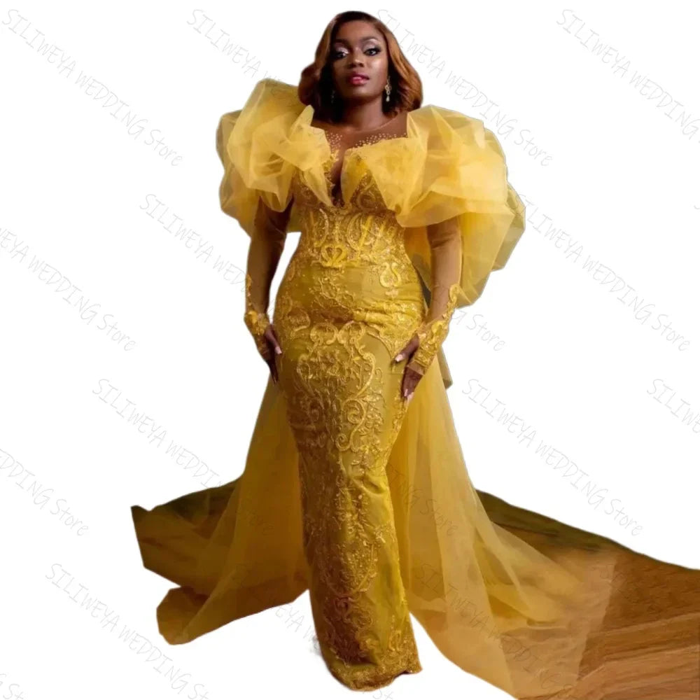Yellow Lace Evening Dresses Aso Ebi Long Sleeves Mermaid African Plus Size Women Night Party Gowns