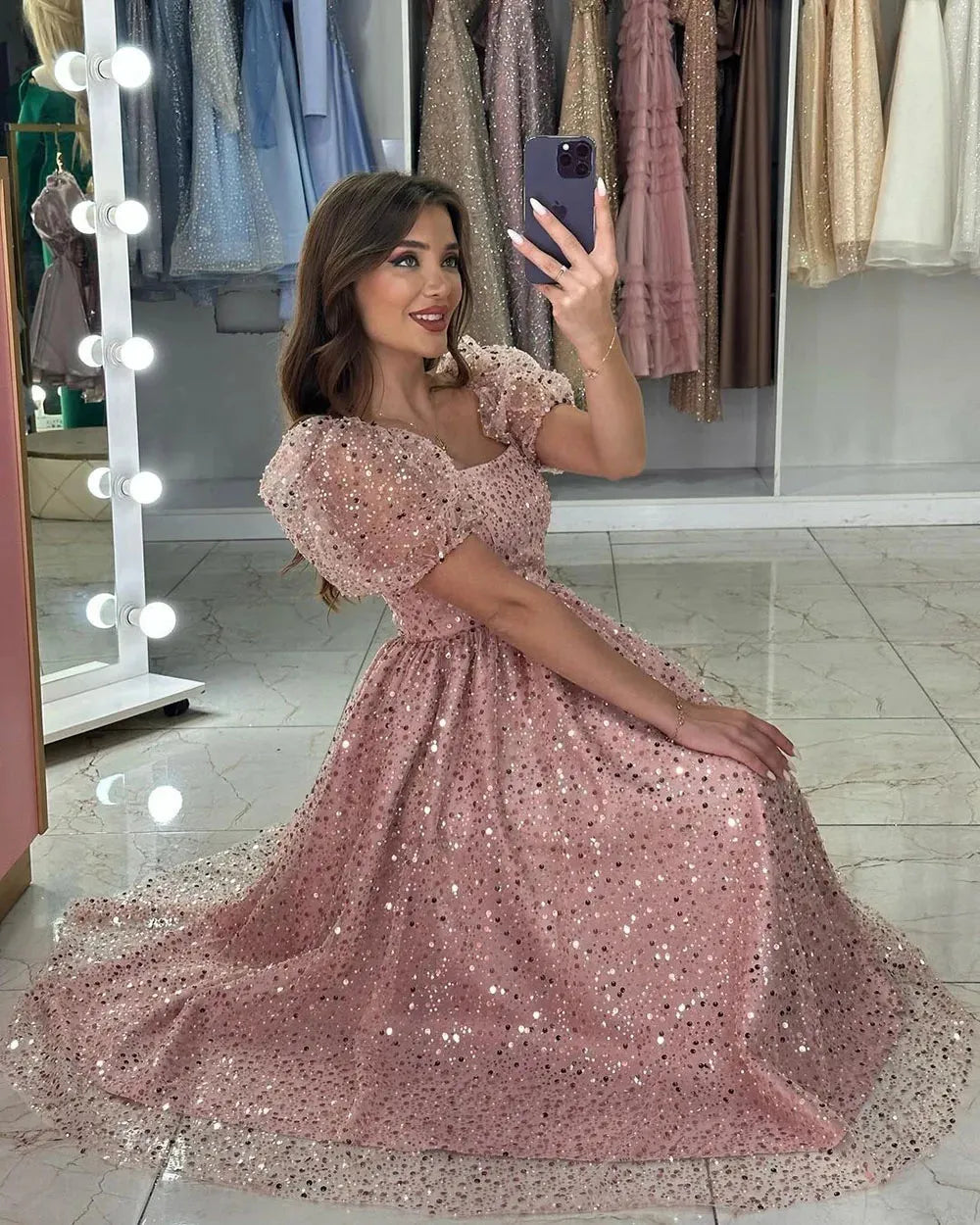 Pink Sequins Shiny Prom Dress Short Sleeves Special Occasion Gowns Prom Dresses Mother And Child Party Dress